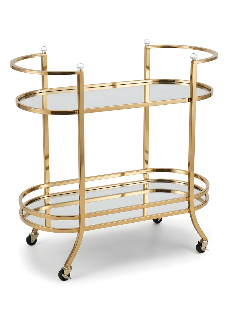 Life Smile Luxury Gold 2-Tier Serving Trolley with Mirror Glass Shelves – 90x42.5x94 cm Rolling Bar Cart with Crystal Accents – Multi-Purpose Storage Food Storage Trolley - Image 1
