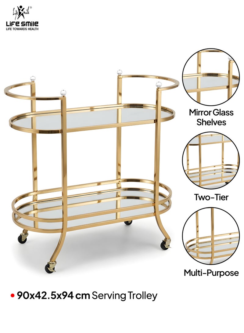 Life Smile Luxury Gold 2-Tier Serving Trolley with Mirror Glass Shelves – 90x42.5x94 cm Rolling Bar Cart with Crystal Accents – Multi-Purpose Storage Food Storage Trolley - Image 2