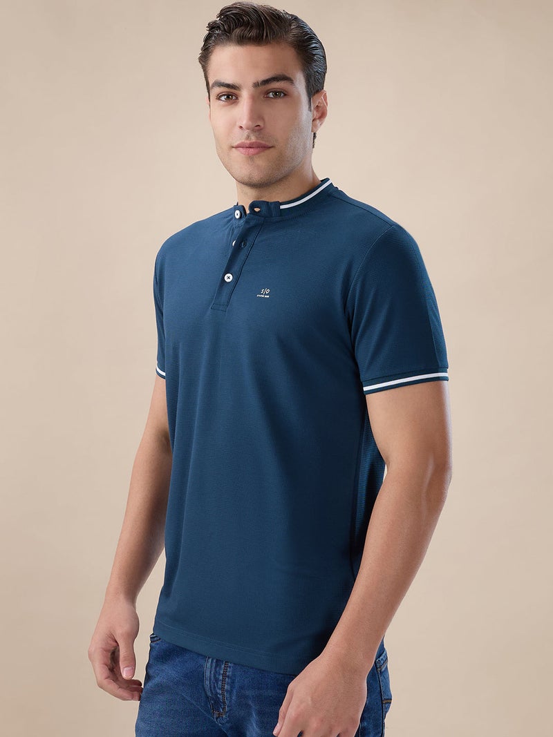 STATUS QUO Textured Contrast  Tipping  Henley Neck Dark Teal  T-shirt - Image 2