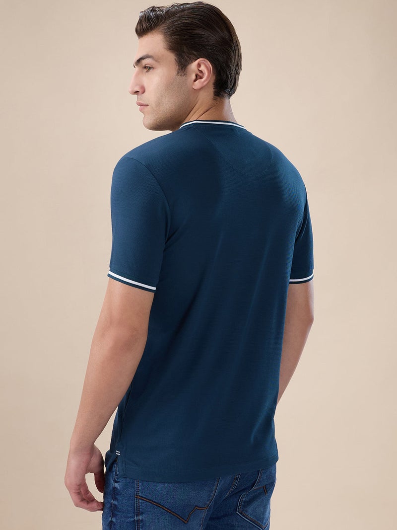 STATUS QUO Textured Contrast  Tipping  Henley Neck Dark Teal  T-shirt - Image 3