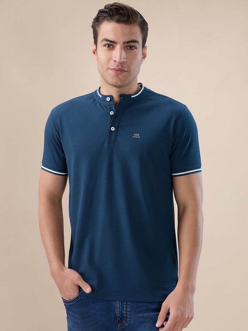 STATUS QUO Textured Contrast  Tipping  Henley Neck Dark Teal  T-shirt - Image 1