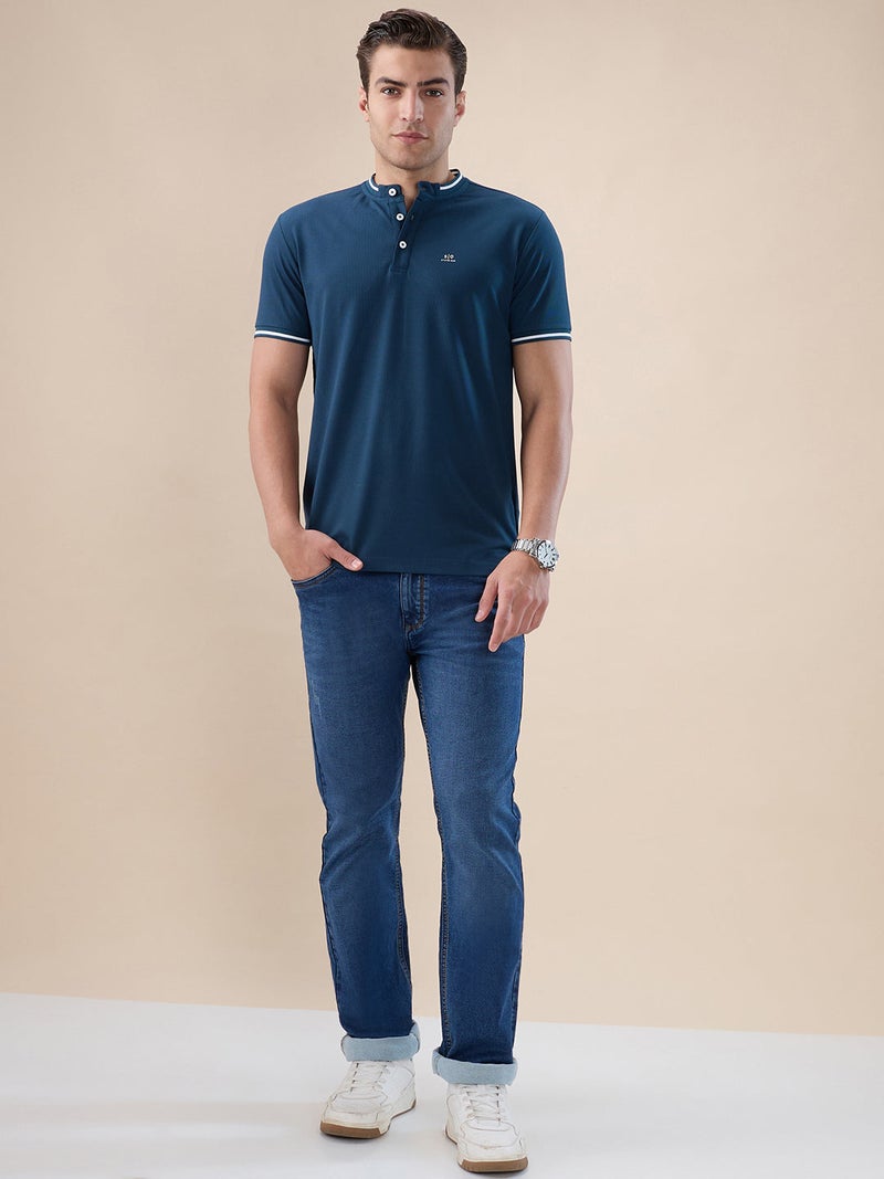 STATUS QUO Textured Contrast  Tipping  Henley Neck Dark Teal  T-shirt - Image 5
