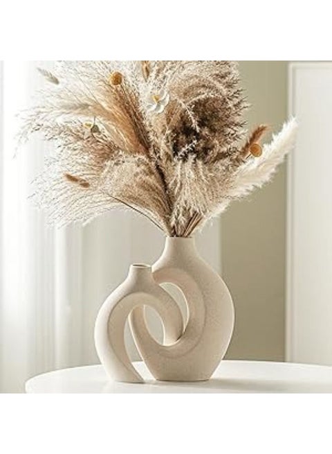 Lvases Snuggle Hollow Ceramic Vase Set Of 2, Nordic Modern Boho Ins Style Decorative Ceramic Aesthetic Flower Vase For Home Decor (Milky White W 6.3" X H 8.4")