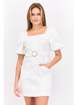 Women Solid Belted Mini Dress, White