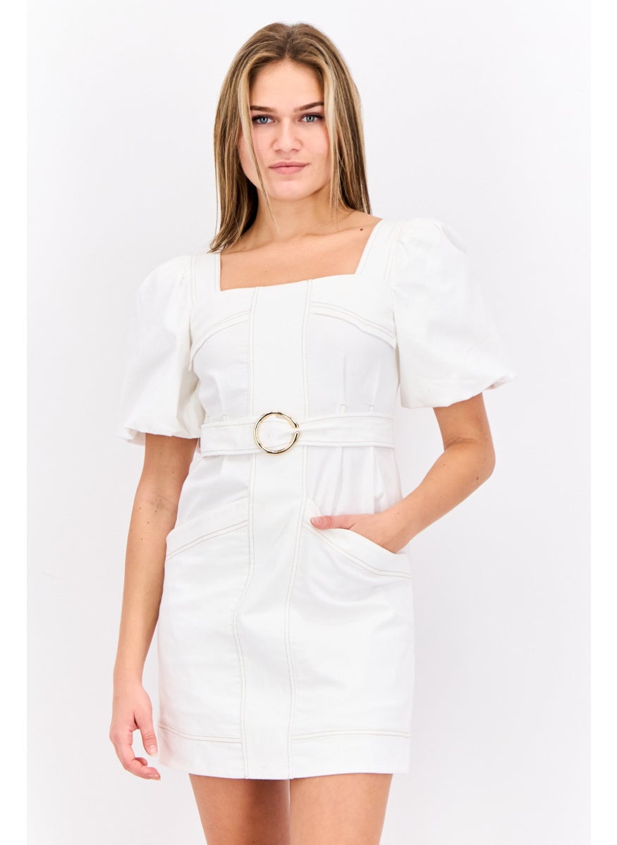 STEVE MADDEN - Women Solid Belted Mini Dress, White - Image 1