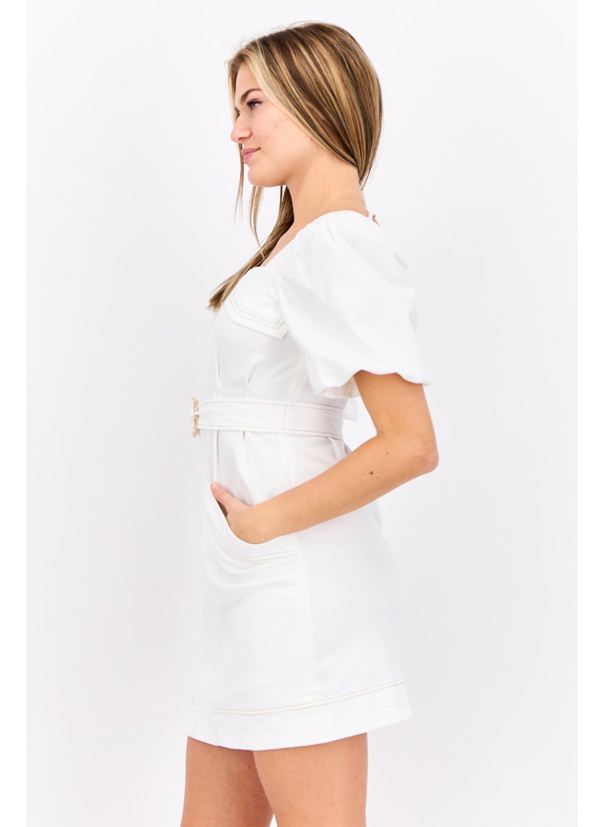 STEVE MADDEN - Women Solid Belted Mini Dress, White - Image 1