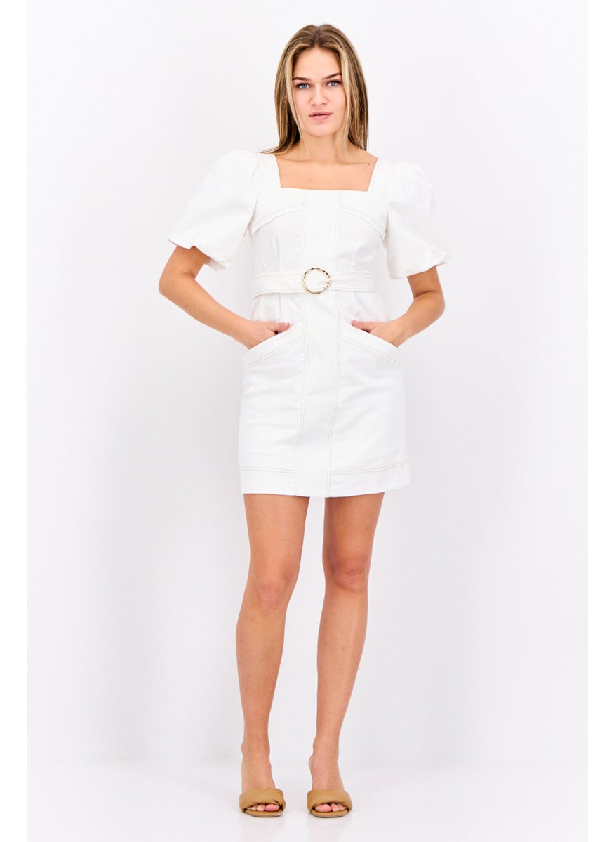 STEVE MADDEN - Women Solid Belted Mini Dress, White - Image 1