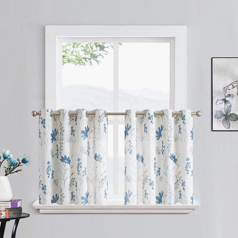 Printed Sheer Curtains Linen Textured Tier Curtains 36inches Floral Leaf Design Farmhouse Style Window Panel Drapes Set Grommet Treatment for Basement Loundry Room Caf 52 x 36 inch Navy Blue