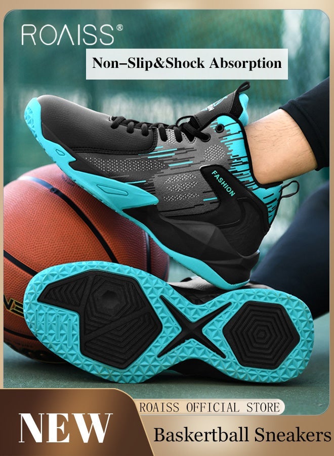roaiss Men's High-Top Basketball Shoes, Boys' Anti-Skid Training Shoes Comfortable Shoes Breathable Sports Shoes Non Slip Shock Absorbing Lace up Thick Sole Running Sports Shoes Blue - Image 3