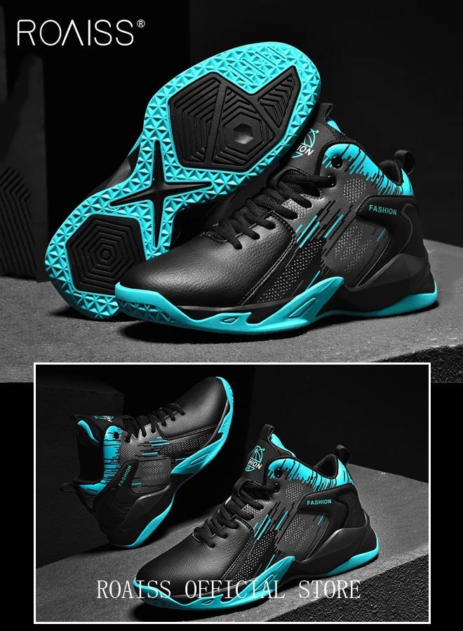 roaiss Men's High-Top Basketball Shoes, Boys' Anti-Skid Training Shoes Comfortable Shoes Breathable Sports Shoes Non Slip Shock Absorbing Lace up Thick Sole Running Sports Shoes Blue - Image 2