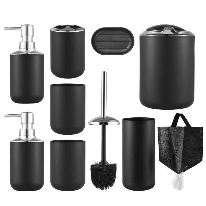 Bathroom Accessories Set: 9Pcs Durable Plastic - Odor Control Auto-Closing Lid, Easy To Clean Black Bathroom Decor for Home Bathroom, Dorm, Apartment, Camping - Image 1