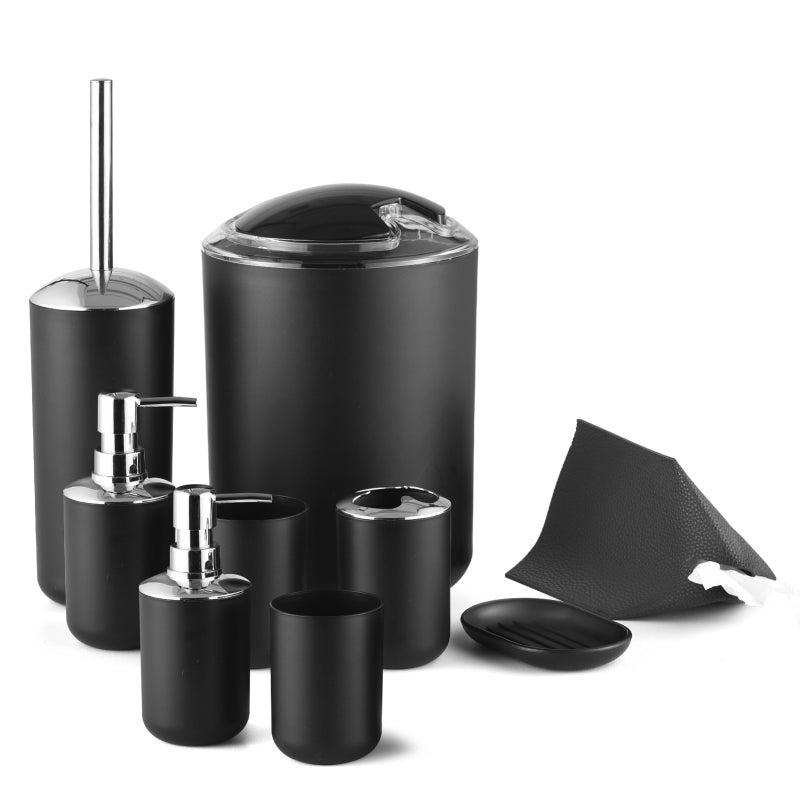 Bathroom Accessories Set: 9Pcs Durable Plastic - Odor Control Auto-Closing Lid, Easy To Clean Black Bathroom Decor for Home Bathroom, Dorm, Apartment, Camping - Image 2