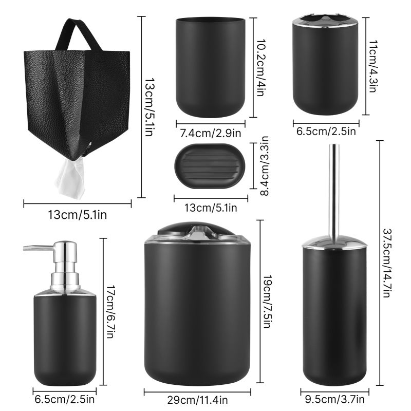 Bathroom Accessories Set: 9Pcs Durable Plastic - Odor Control Auto-Closing Lid, Easy To Clean Black Bathroom Decor for Home Bathroom, Dorm, Apartment, Camping - Image 5