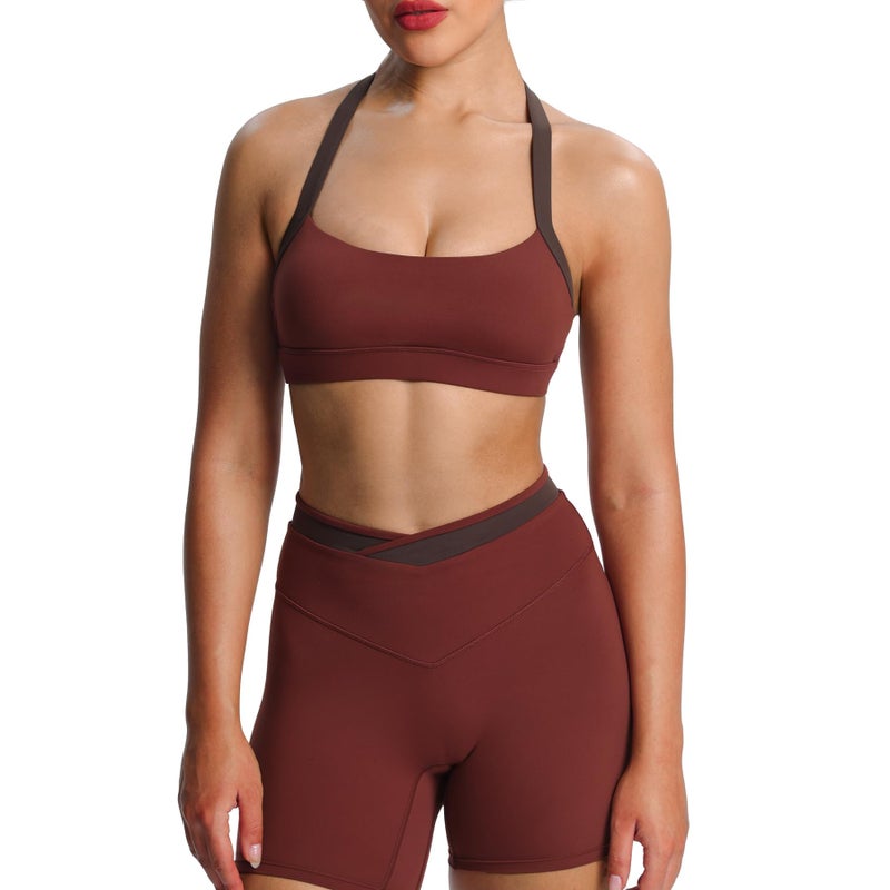 Aoxjox Women's Color Block Halter Workout Sports Bras Fitness Athletic Vanessa Bra Yoga Crop Tank (Rum Raisin/Mulch, Small) - Image 1