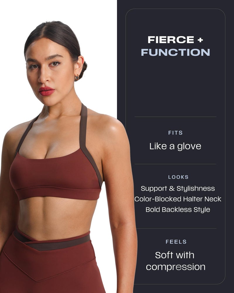 Aoxjox Women's Color Block Halter Workout Sports Bras Fitness Athletic Vanessa Bra Yoga Crop Tank (Rum Raisin/Mulch, Small) - Image 2