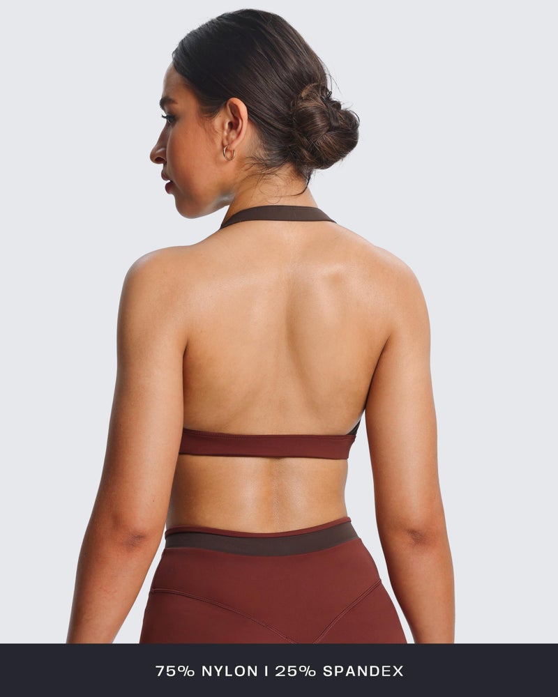 Aoxjox Women's Color Block Halter Workout Sports Bras Fitness Athletic Vanessa Bra Yoga Crop Tank (Rum Raisin/Mulch, Small) - Image 3