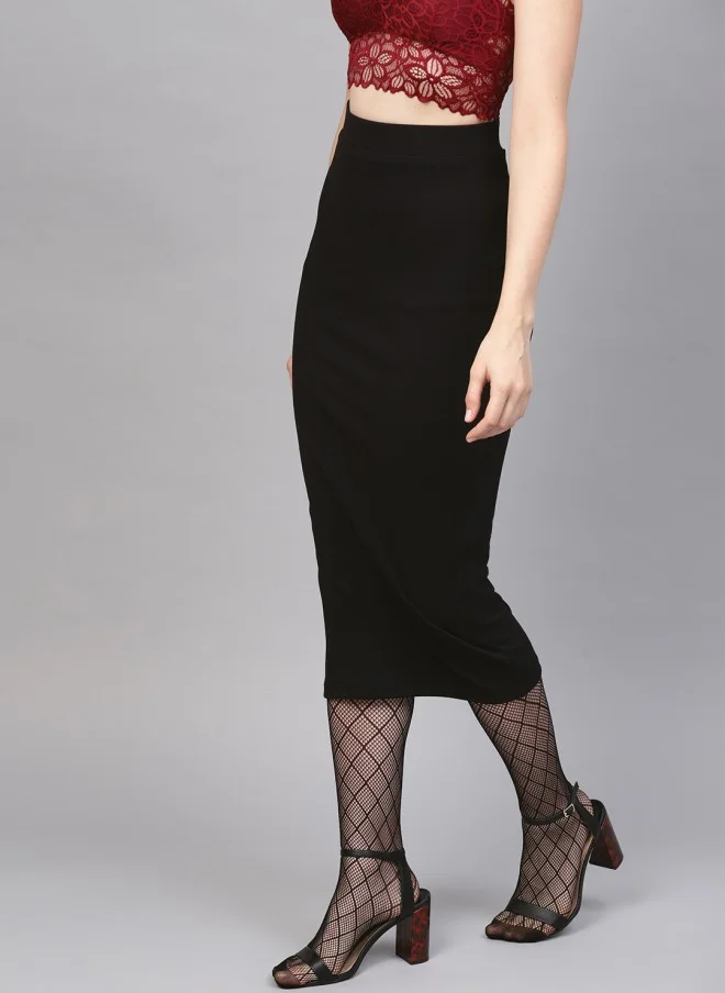 ساسافراس Black Ribbed Midi Pencil Skirt for Women