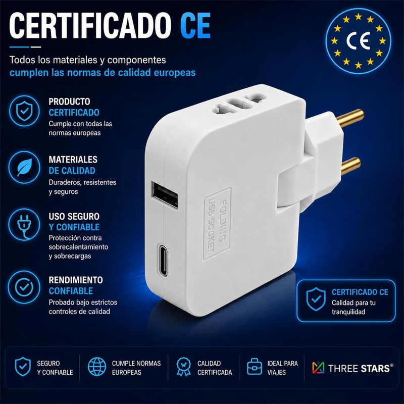ثري ستارز مقبس طاقة مسطح مع USB-C وUSB-A - موصلات من النوع 1 والنوع C مدمج بقدرة 4000 واط - مقبس ثلاثي للمنزل والمكتب - أبيض | 3 نجوم - Image 5