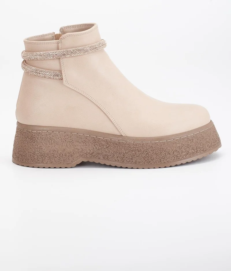Dilimler Ayakkabı Slices Shoes Women Boots Nude Thick Sole Artificial Leather Stoned Laceless Flat