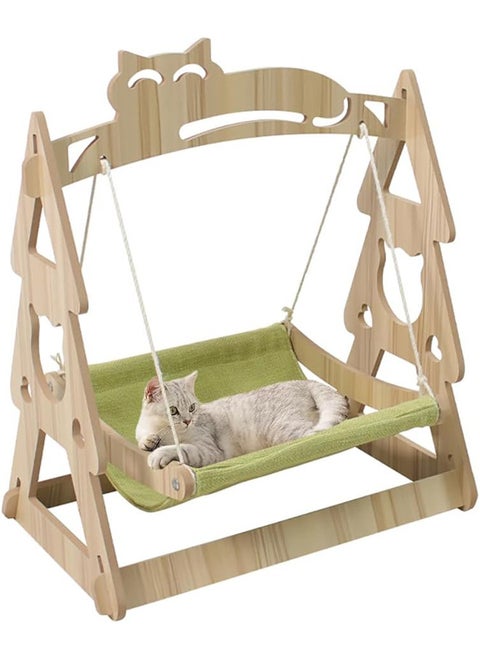 Wooden Cat Hammock Bed，Kitten Pet Standing Swing Bed for Sleeping, Playing, Climbing, and Lounging (green-Linen cloth)