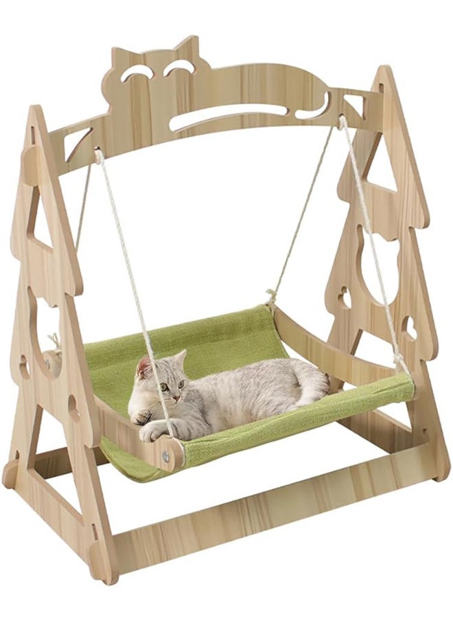 Wooden Cat Hammock Bed，Kitten Pet Standing Swing Bed for Sleeping, Playing, Climbing, and Lounging (green-Linen cloth)