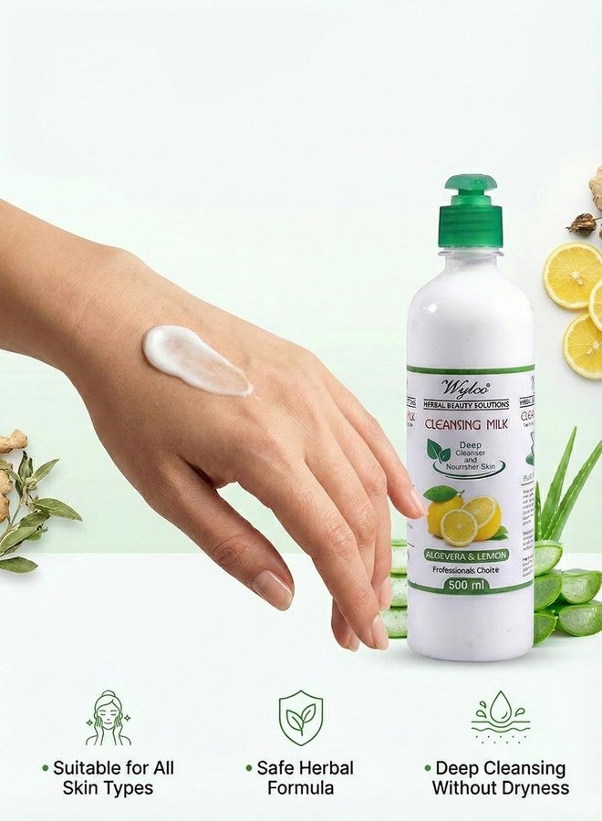 Wylco Herbal Beauty Cleansing Milk with Aloevera & Natural Extracts for Face & Skin, Makeup Removal, Deep Cleaning, Soothing & Nourishing Sensitive Skin for Men & Women, Herbal Glow Care - 500 ml - Image 2