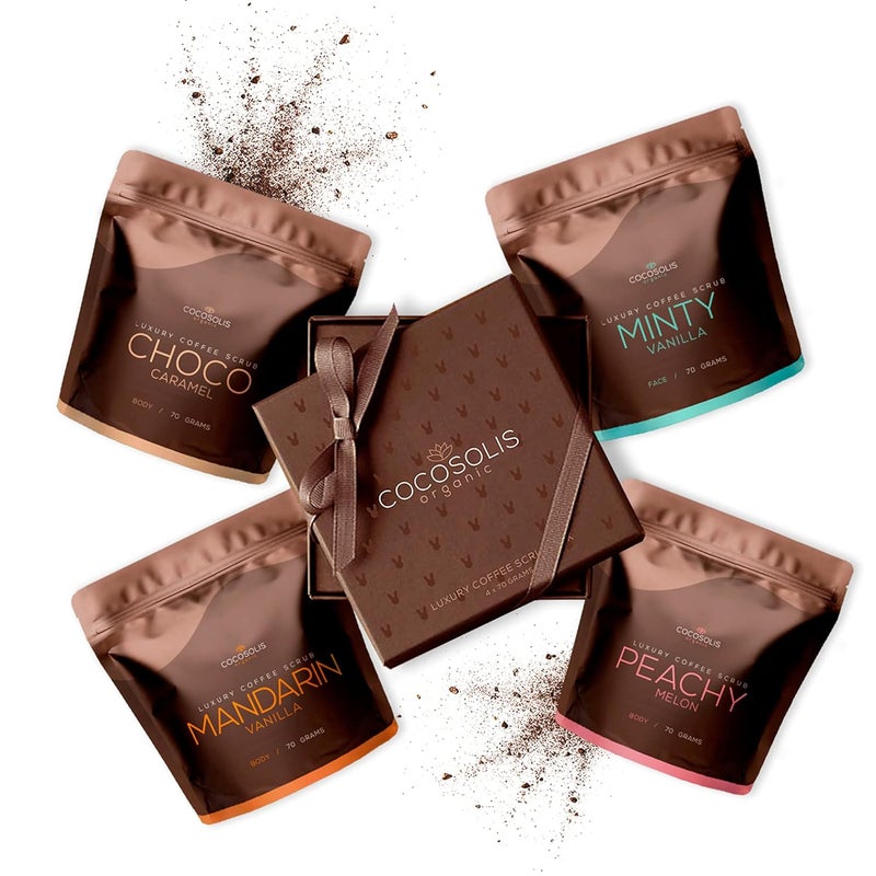 COCOSOLIS Arabica Coffee Scrub Set of 4 Packages  Natural Essential Oils  The Perfect Organic Scrubs for Your Face  Body  Coffee Scrub for Cellulite and Stretch Marks 99oz