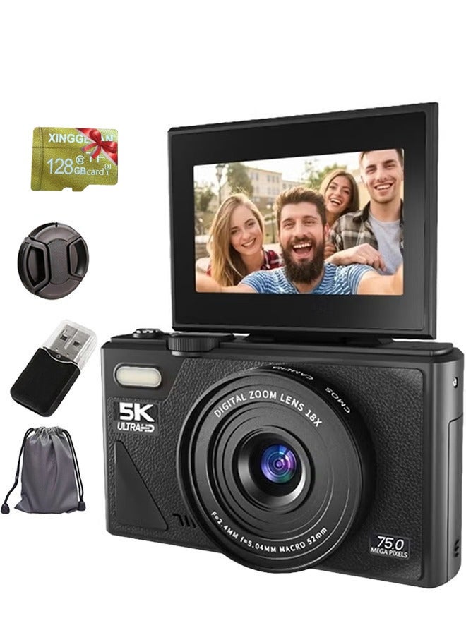Digisand Digital Camera, 5K Point and Shoot Digital Cameras with 128GB SD Card, 75MP Digital Camera for Photography and Video, Vlogging Camera with 3'' Flip Screen, 18X Digital Zoom Cameras Digital for Kids Boys Girls, Card Reader - Image 1