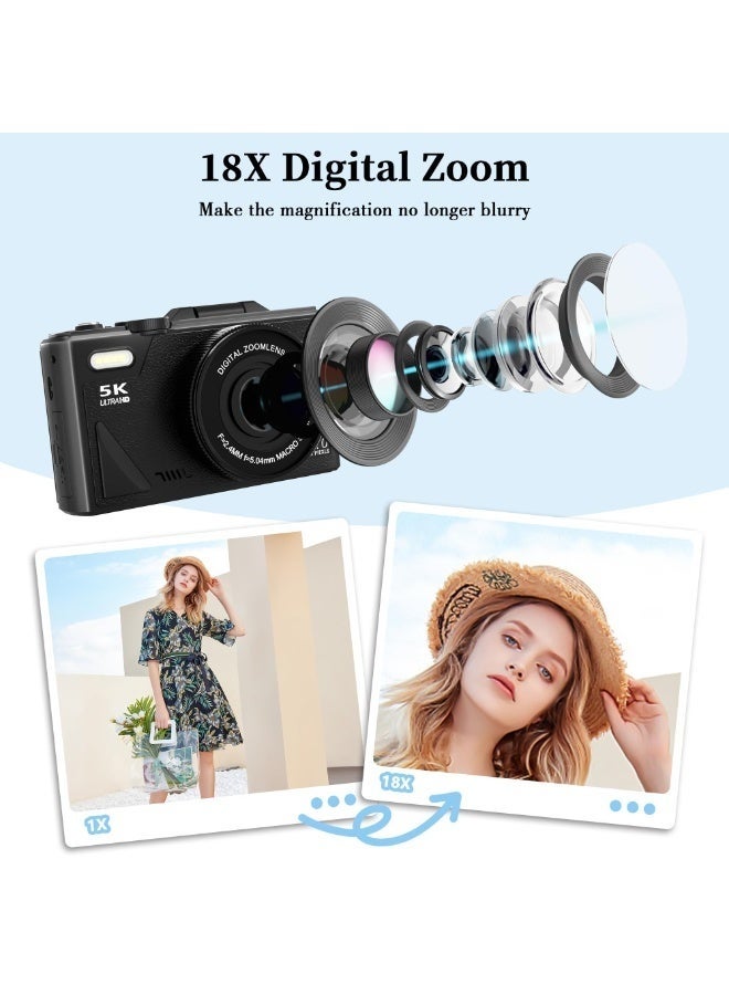 Digisand Digital Camera, 5K Point and Shoot Digital Cameras with 128GB SD Card, 75MP Digital Camera for Photography and Video, Vlogging Camera with 3'' Flip Screen, 18X Digital Zoom Cameras Digital for Kids Boys Girls, Card Reader - Image 2