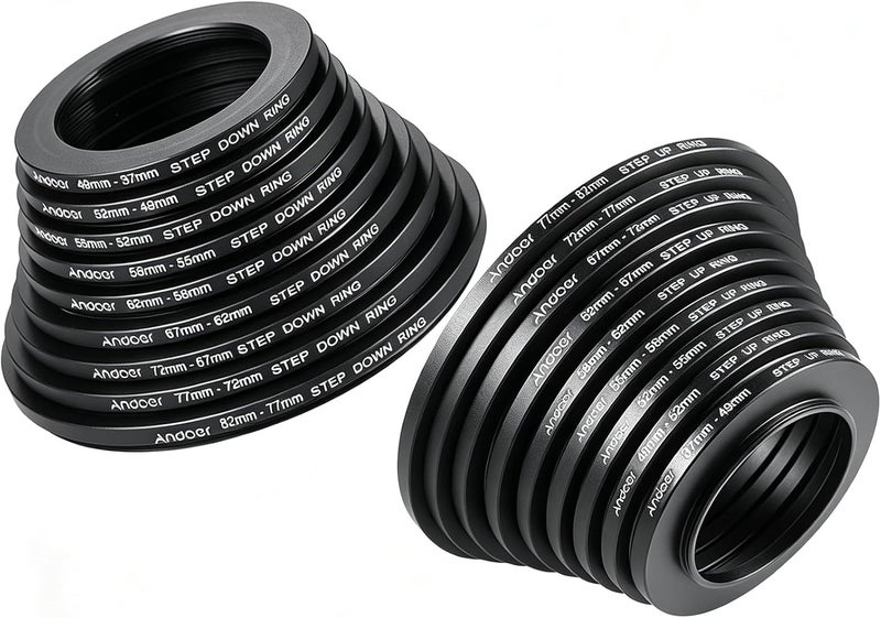 ANDOER Filter Ring Adapter, Andoer 18pcs Camera Lens Filter Metal Adapter Ring Kit (9pcs Step Up Set & 9pcs Step Down Ring Set) - Image 1