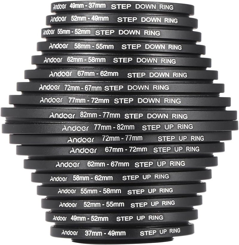 ANDOER Filter Ring Adapter, Andoer 18pcs Camera Lens Filter Metal Adapter Ring Kit (9pcs Step Up Set & 9pcs Step Down Ring Set) - Image 2
