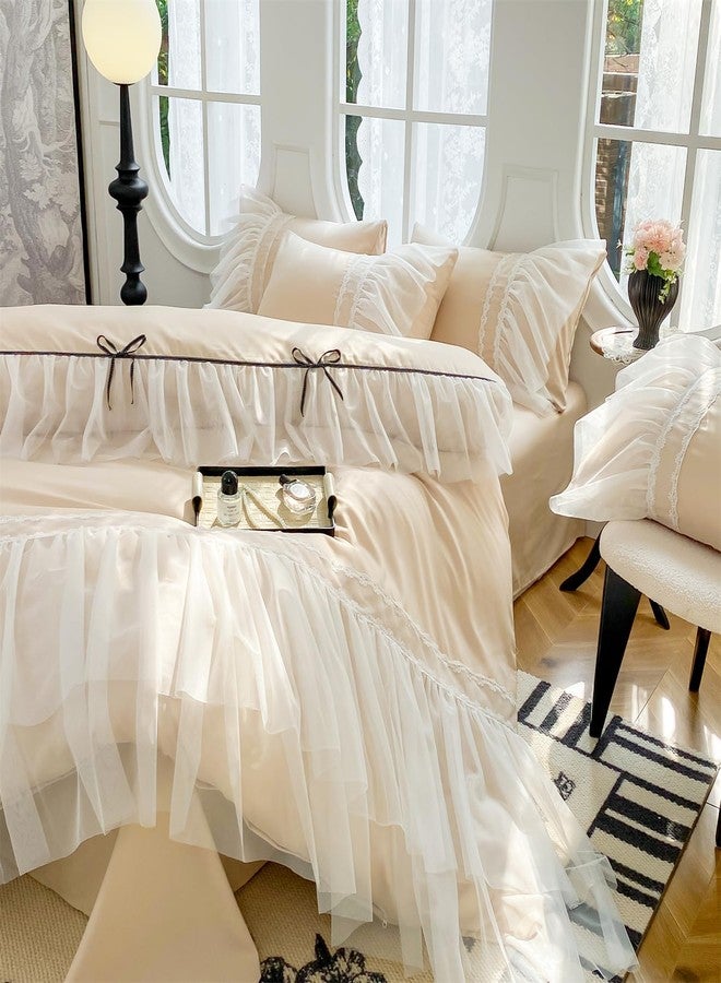 SOUKECHY طقم غطاء لحاف مكشكش من الدانتيل من سوكيشي، طقم سرير أنيق، طقم سرير أميرة توأم للأطفال، 100% بوليستر، طقم غطاء لحاف خفيف الوزن مع سحاب إغلاق للبنات - Image 5