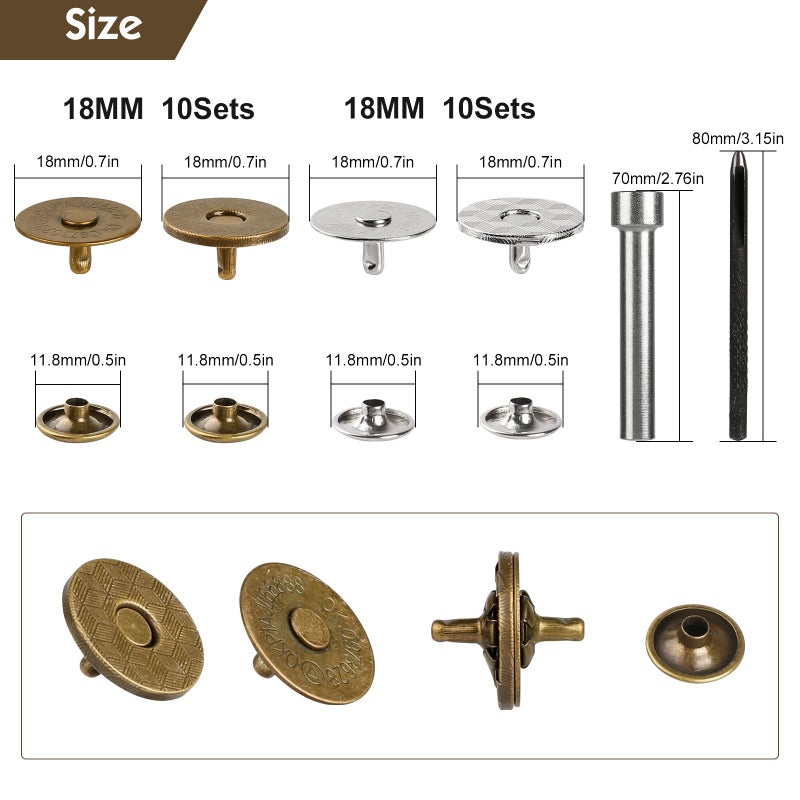 Sopnom 20 Sets 18MM Magnetic Buttons Clasp Snaps Fastener with Install Tool Magnetic Round Snaps DIY Craft Buttons Kit for Sewing, Craft, Purses, Bags, Clothes, Leather (Round) - Image 2