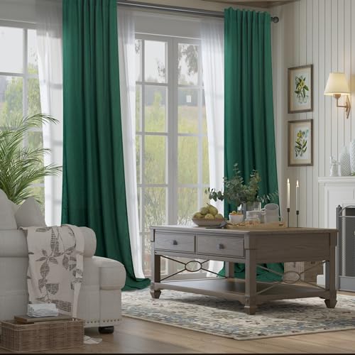 Pitalk Dark Green Curtains 84 Inch Length for Bedroom 2 Panels Back Tab Pocket Hunter Green Drape Light Filtering Semi Sheer Linen Forest Emerald Green Curtain for Living Room Boho Christmas Decor 52x84 Long - Image 2