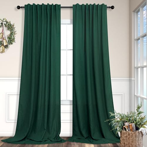Pitalk Dark Green Curtains 84 Inch Length for Bedroom 2 Panels Back Tab Pocket Hunter Green Drape Light Filtering Semi Sheer Linen Forest Emerald Green Curtain for Living Room Boho Christmas Decor 52x84 Long - Image 1