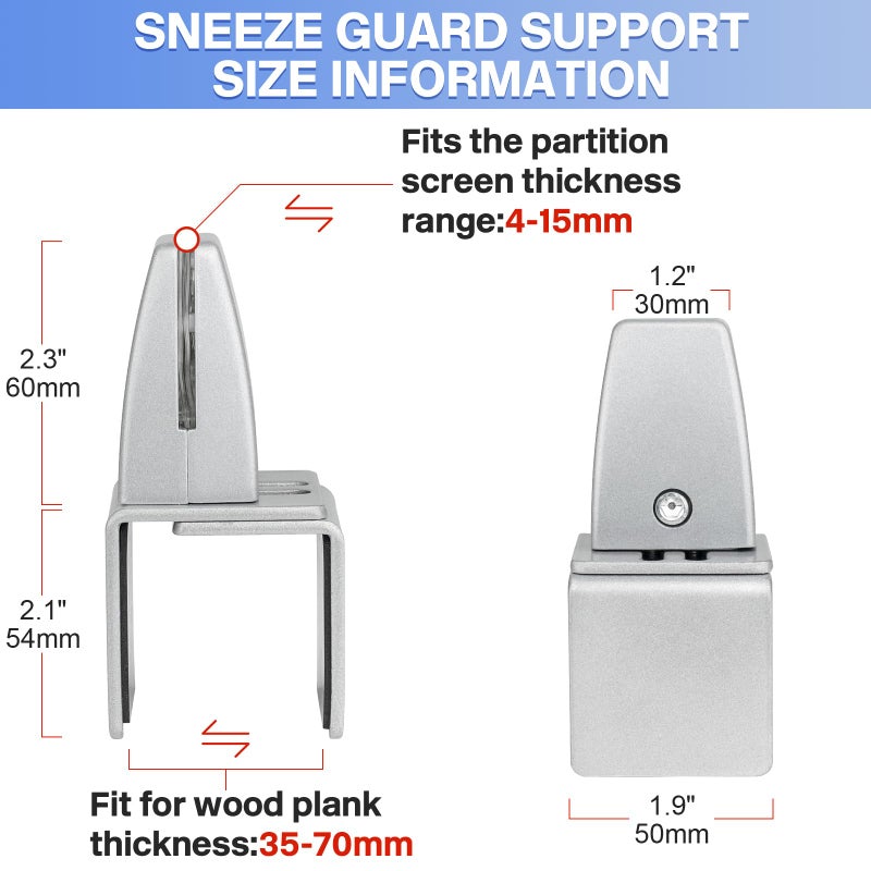 First-zgel 4 Packs Sneeze Guard Support, Aluminum Vertical Partition Board Clamp, Acrylic Desk Divider Support Clamp, Desk Shield Privacy Panel Clamps for Clear Shield for Countertop Reception - Image 3