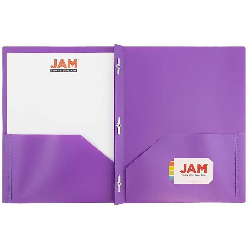 JAM PAPER Plastic Color POP Folders - 2 Pocket Durable Folders with Metal Prongs Fastener Clasps - Purple - 6/Pack - Image 3