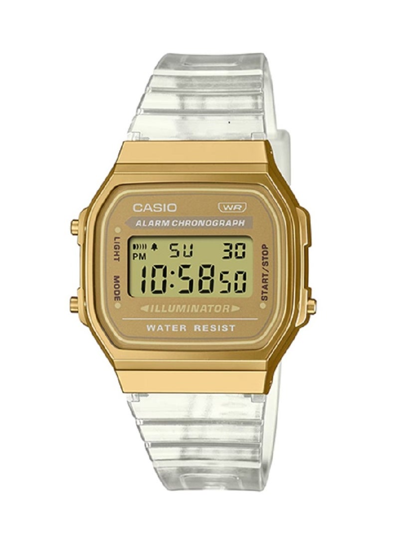 Casio Women Watch Vintage Digital metallic Gold case translucent band Gold Dial Resin Band A168XESG-9ADF. - Image 1