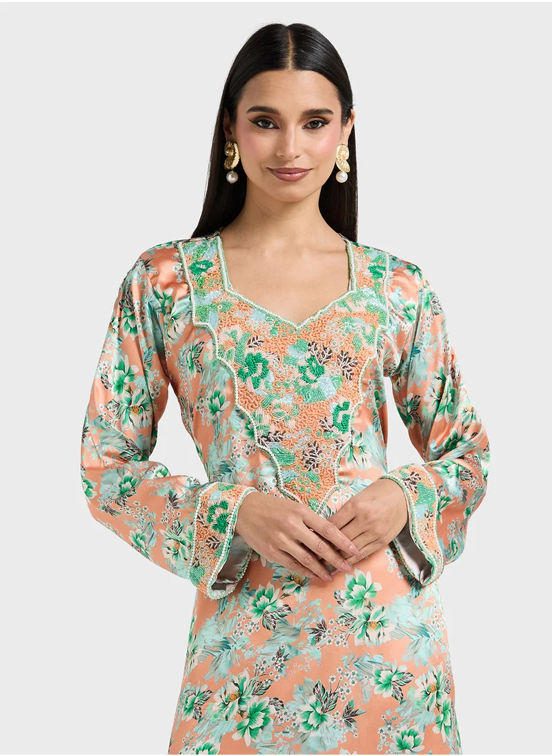 ARABIAN CLOSET Embellished Belted Jalabiya