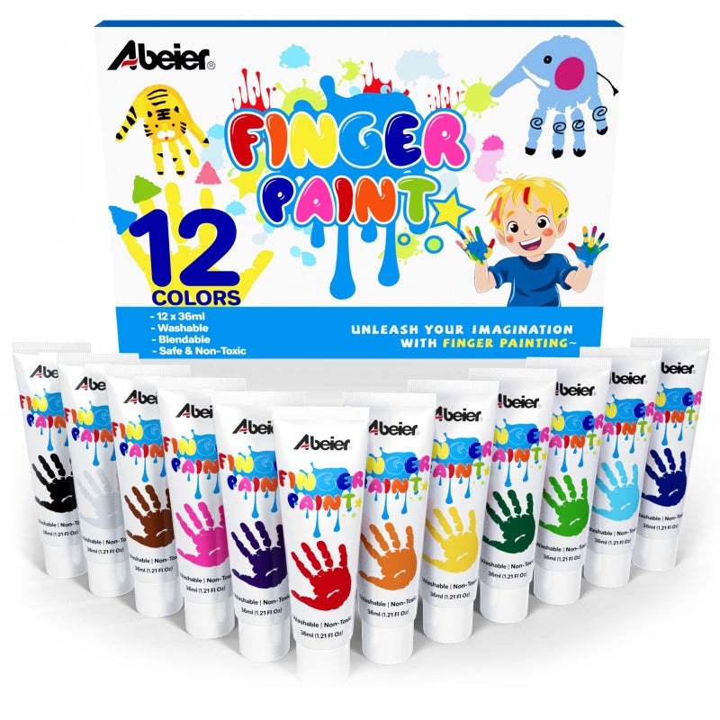 ABEIER Washable Finger Paint for Toddlers, Safe Non-Toxic, 12 Vibrant Colors (1.21fl oz), Baby Safe Paint for Hand and Feet, Mess Free Art Supplies for Kids, Preschool Learning Gifts, Ages 1-3 4 5 6+ - Image 1