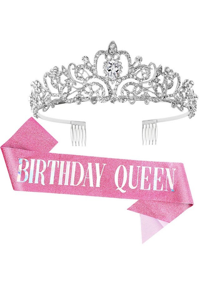 Cocide "Birthday Queen" Sash & Crystal Tiara Kit COCIDE Birthday Silver Tiara and Crowns for Women Birthday Sash for Girls Birthday Decorations Set Rhinestone Headband Hair Accessories Glitter Sash for Party - Image 1