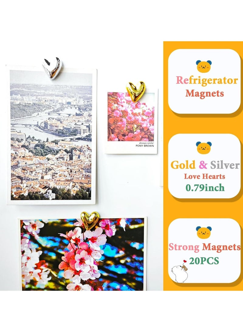 general 20 pieces of golden refrigerator magnets, cute heart-shaped decorative magnets, silver refrigerator magnets, small family kitchen magnet sets, colorful magnetic decorations, strong fixation force for office whiteboards - Image 2