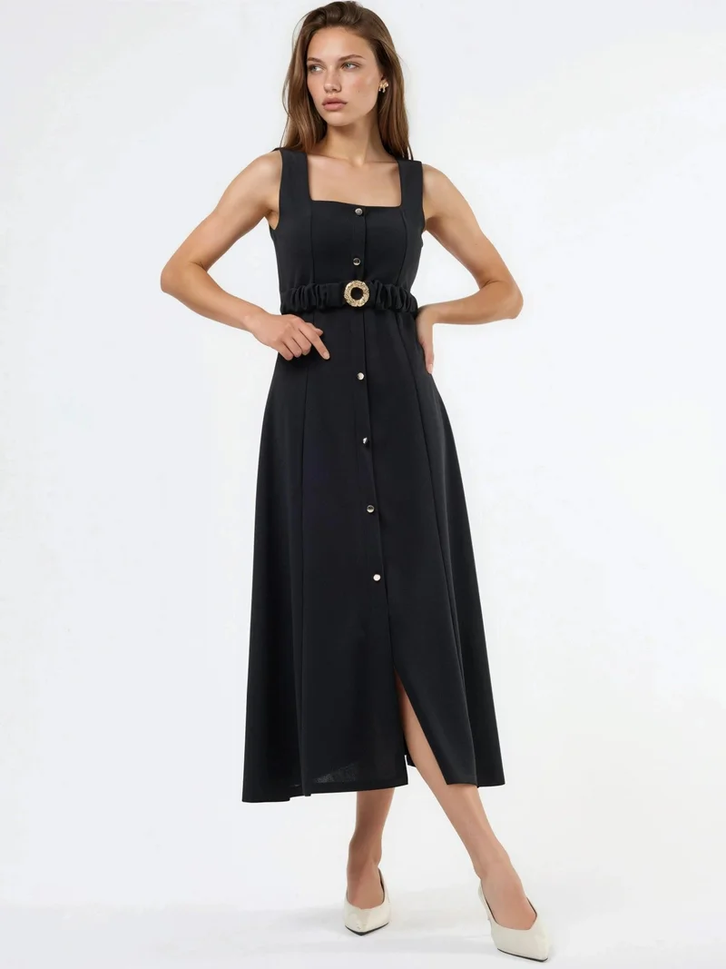 بوسيم BUSEM Belted Square Collar Midi Dress
