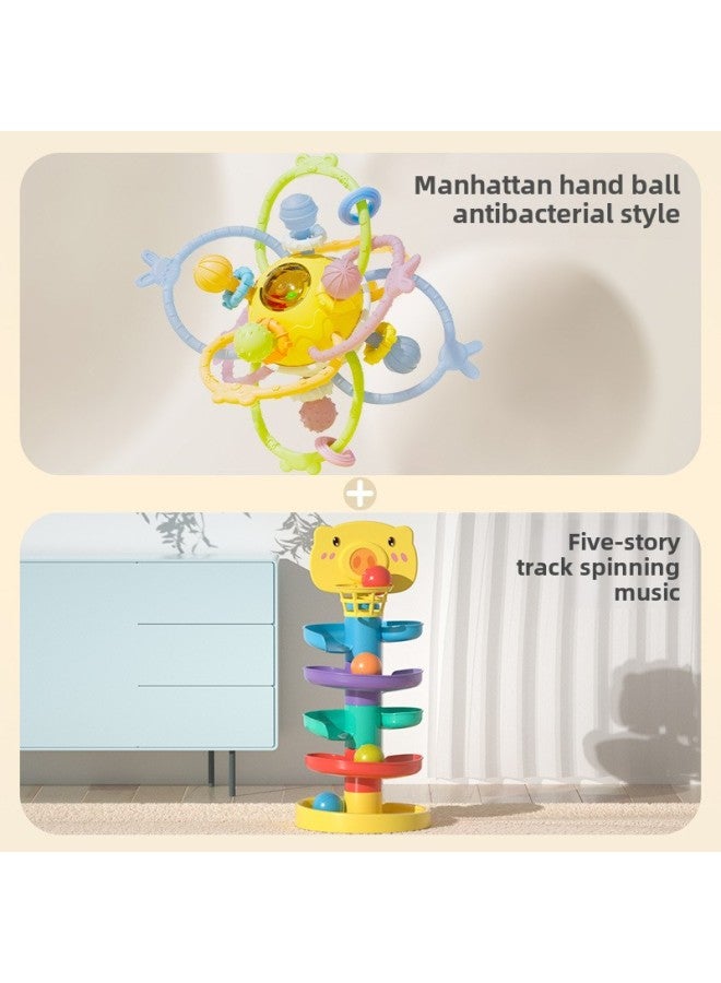 Manhattan Hand-held Ball Baby Toy Silicone Can Bite Baby 3 To 6 Months Old Rattle Molar Artifact 0 1 Year Old-Color:Manhattan Gum Ball 5-layer Track Turn Music - Image 1