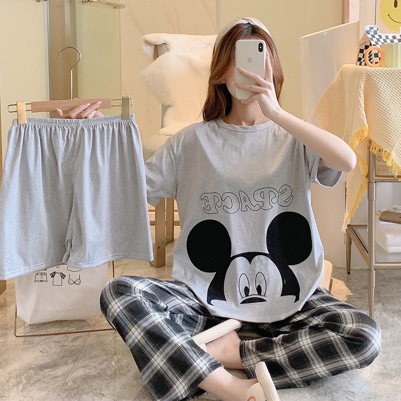 Summer Cartoon Pajama Set, Loose FitThree-Piece# Gray Mickey Three-Piece# Gray Mickey