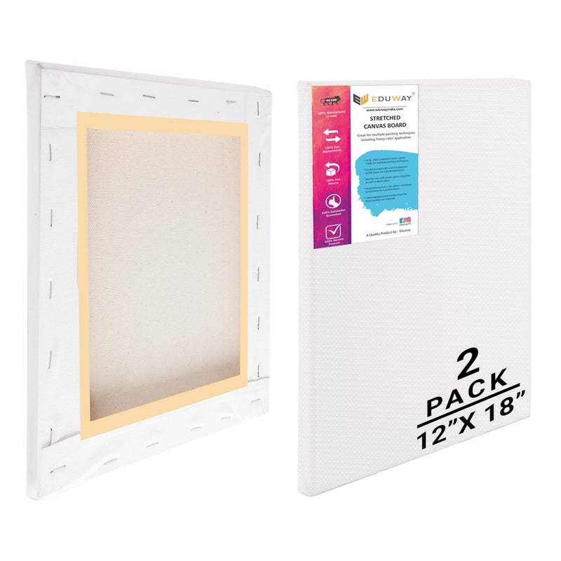 Eduway Medium Grain 12x18 Inch - Cotton Pre Stretched Canvas with Wooden Frame for Painting, White - (Set of - 2 Pcs) - (30x45 Cms) - Image 1