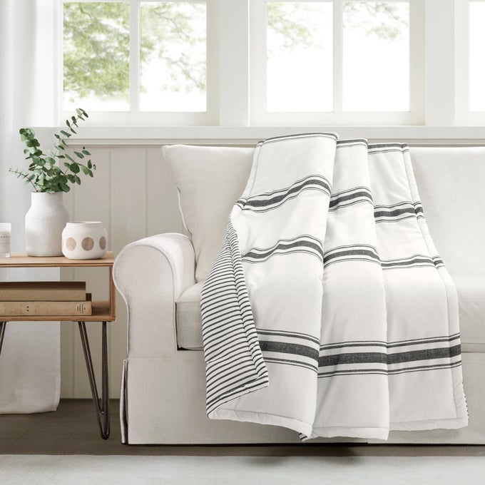 FARMHOUSE STRIPE REVERSIBLE THROW SINGLE 50 W X 60 L BLACK CLASSIC MODERN RUSTIC CHARM COZY SOFT SINGLE PINSTRIPE PRINT BLANKET