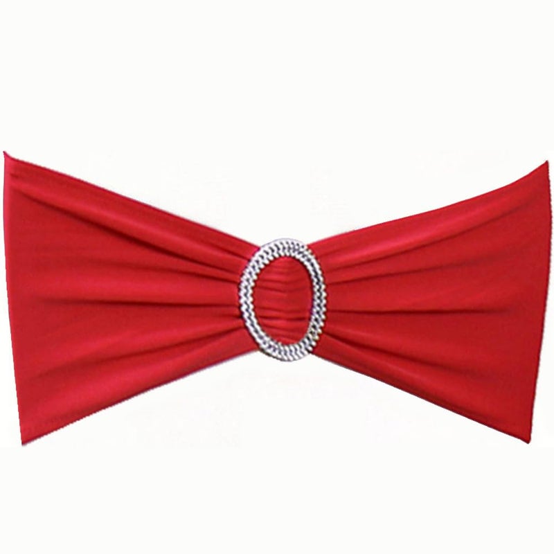 SINSSOWL 100PCS Stretch Wedding Red Chair Sashes Bands with Slider Buckle Spandex Chairs Bows for Party Birthday Bridal Shower Engagement Events Decorations red