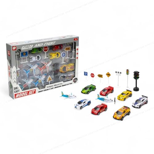 SHAKTISM Die-Cast Model Set for Kids - Metal Cars & Planes Transport Toy Set with Traffic Signs |,Pull Back Vehicles, Helicopters & Accessories for Boys & Girls - Image 2