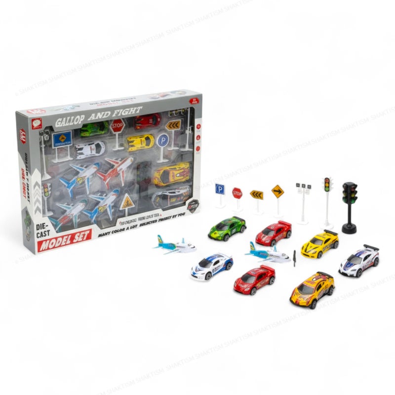 SHAKTISM Die-Cast Model Set for Kids - Metal Cars & Planes Transport Toy Set with Traffic Signs |,Pull Back Vehicles, Helicopters & Accessories for Boys & Girls - Image 1